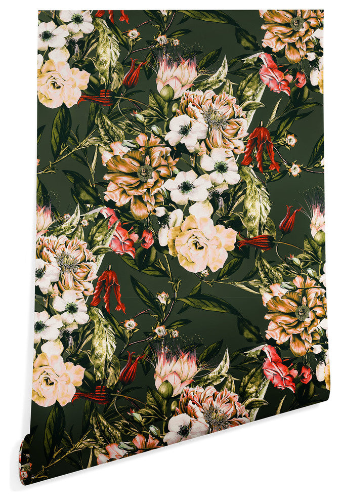 Deny Designs Marta Barragan Camarasa Dark Wild Floral Wallpaper, Green, 2'x10'