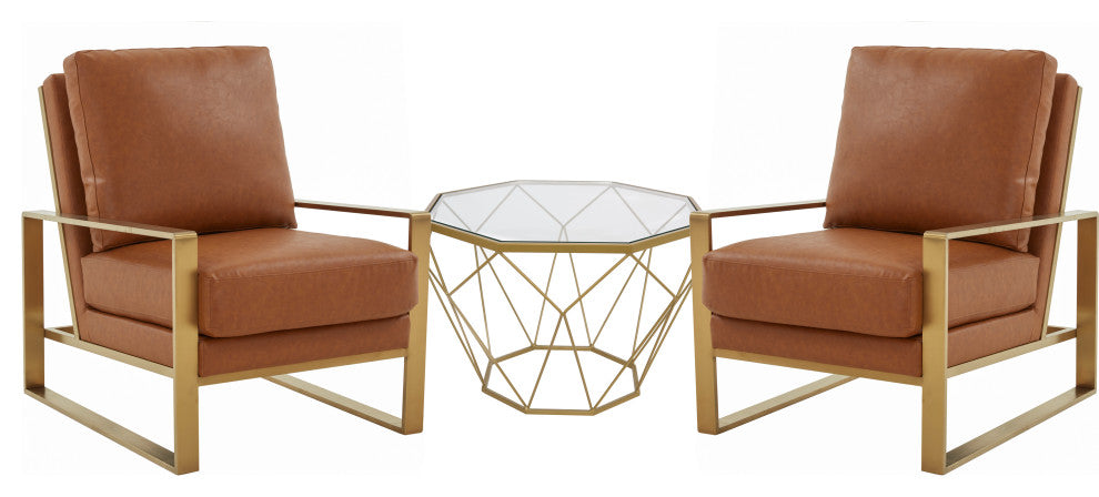 LeisureMod Jefferson Arm Chairs With Gold Frame and Coffee Table, Cognac Tan