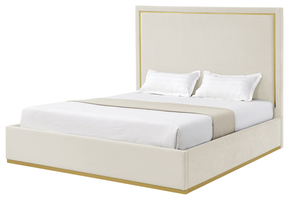 Inspired Home Marceline Bed Upholstered, Beige Velvet King