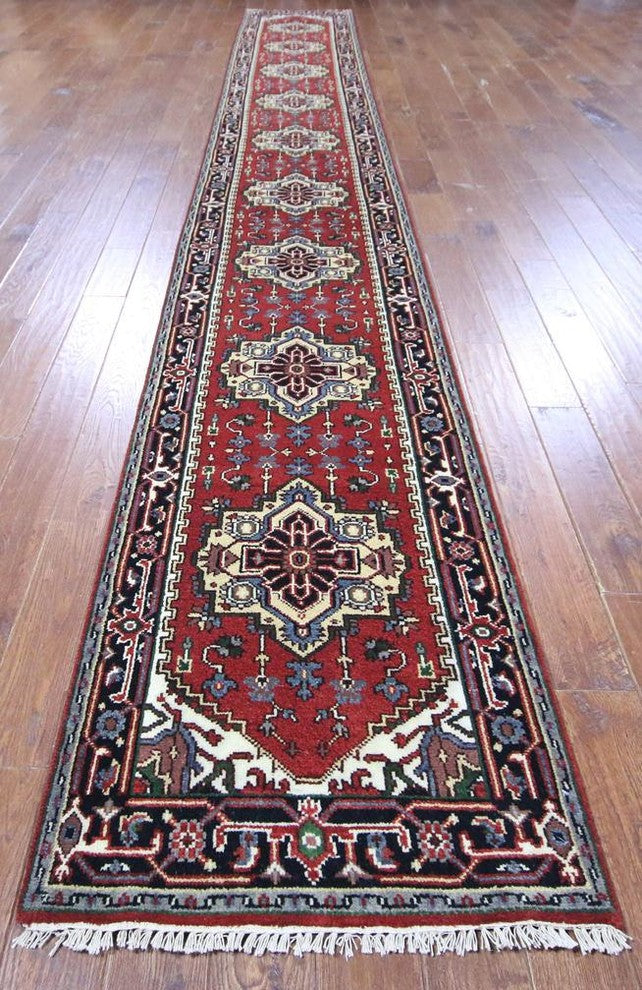 Heriz Serapi Red and Black Hand-Knotted Wool Rug, 3'x20'