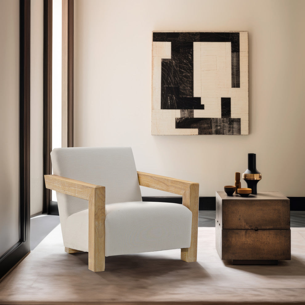 Ward Cream Linen Textured Fabric Accent Chair, Natural Finish