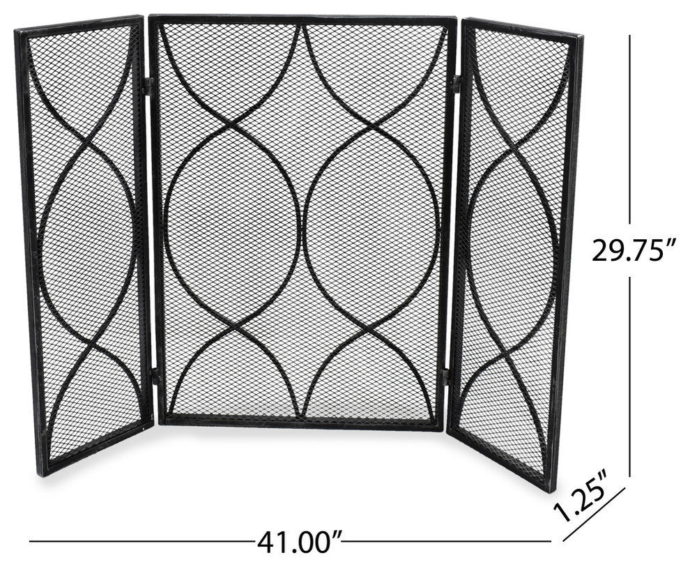 Laylah Modern Three Panel Iron Firescreen, Black Silver Finish