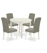 5Pc Round 42" Kitchen Table, Four Parson Chair, White Leg, Fabric Dark Shitake
