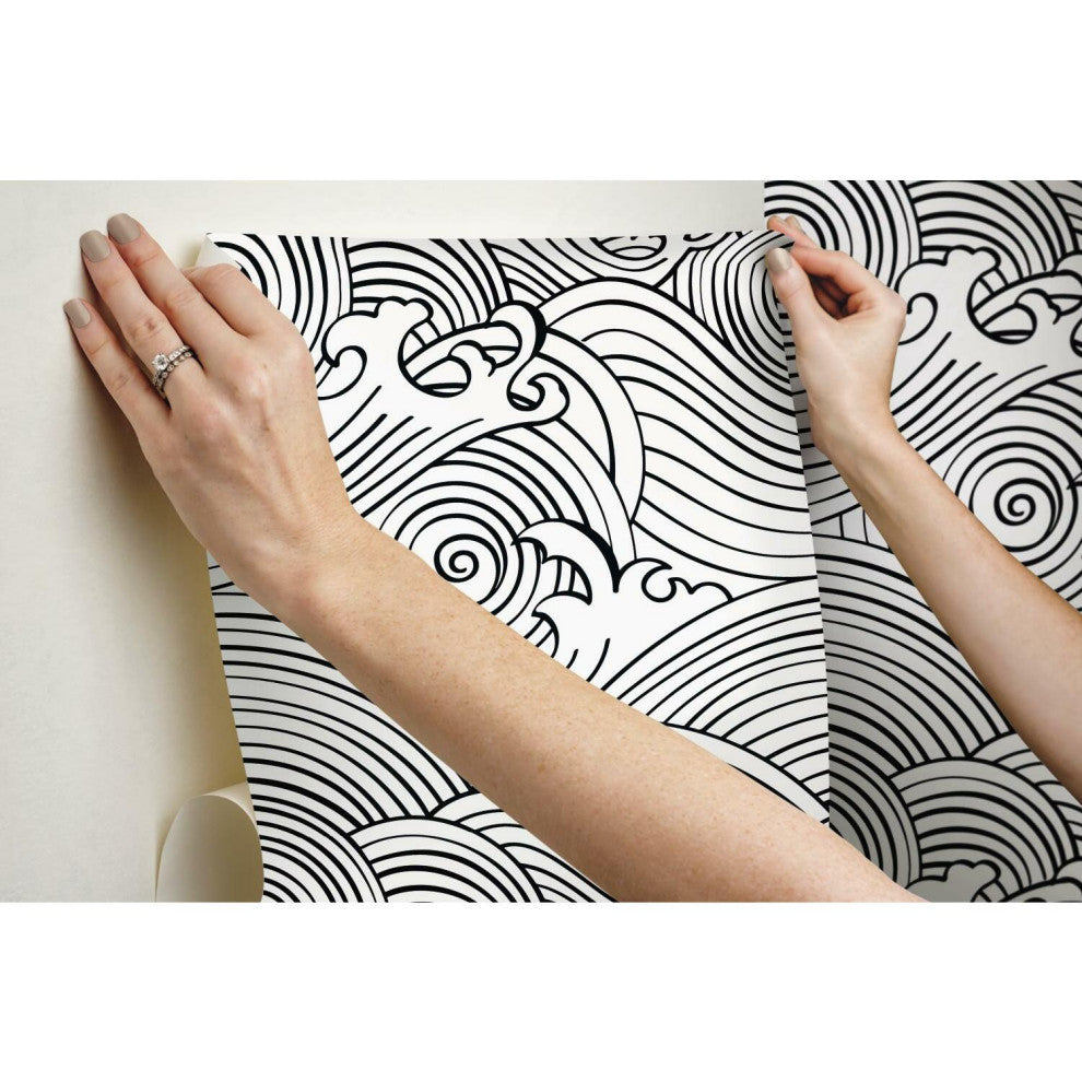 Black & White Asian Waves Peel & Stick Wallpaper