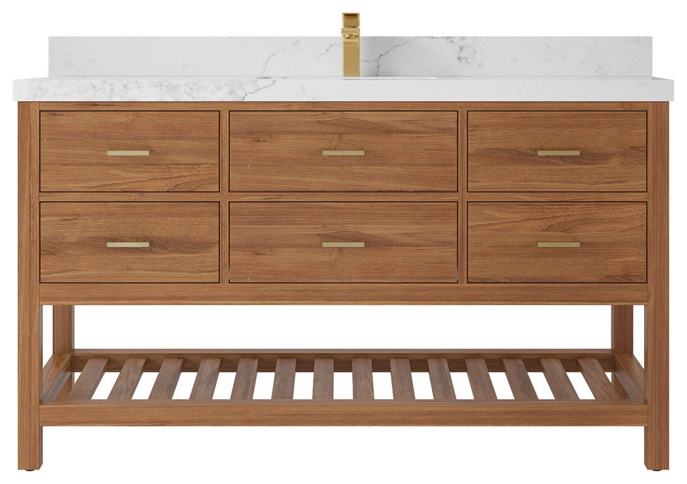 Parker Teak 60" Single Sink Bath Vanity in Golden Teak  2" Calacatta Nuvo