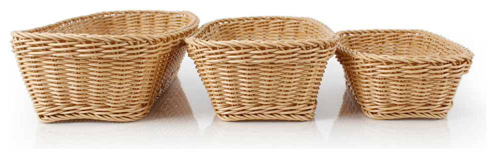 PLASKET Light Brown 3 Piece Rectangle Poly Wicker Basket Set