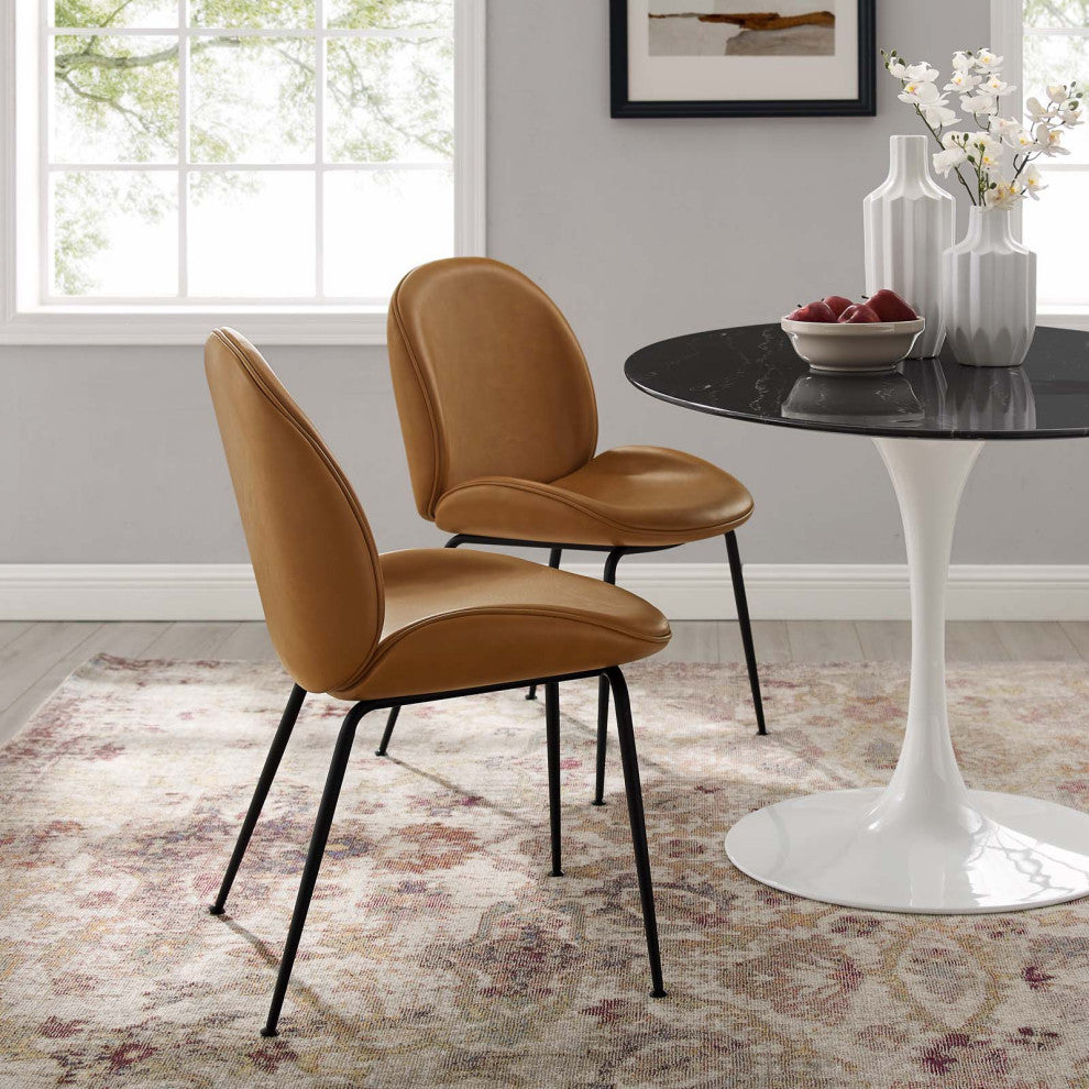 Scoop Black Powder Coated Steel Leg Vegan Leather Dining Chairs Set of 2, Tan