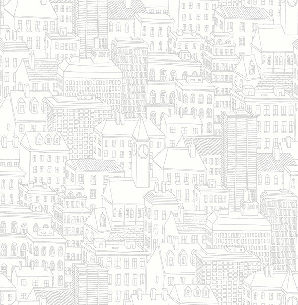 Illustrated Cityscape Wallpaper, White & Gray, Sample