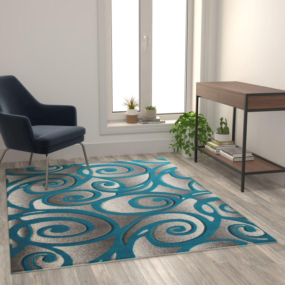 Angie Collection Modern Rectangle 5' x 7' High-Low Pile Swirled Area Rug, Turquo