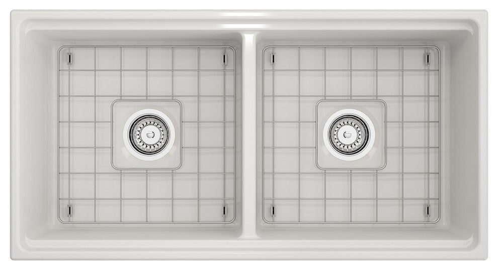 Bocchi Contempo 36D White Double Bowl Fireclay Farmhouse Sink W/ Integrated Work