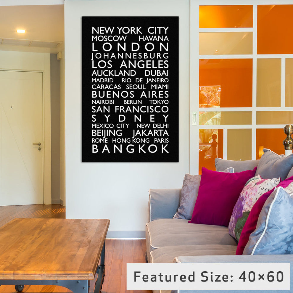 "World Cities Bus Roll" Wrapped Canvas Art Print, 18x12x1.5