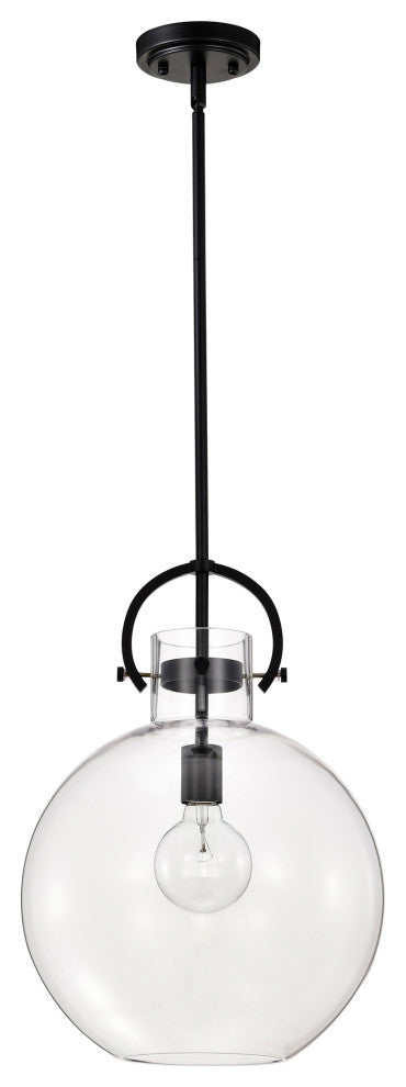 1-Light 14 in. Matte Black Pendant Light With Globe-shaped Clear Glass Shade