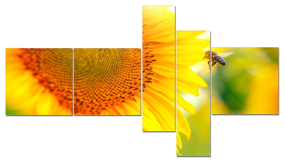 Beautiful Sunflowers Blooming, Abstract Canvas Wall Art, 60"x32", 5 panels