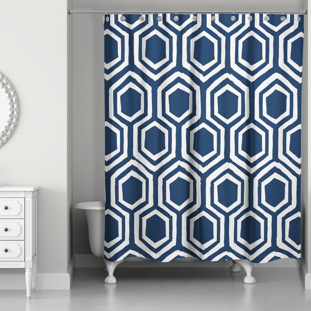 Honeycomb Shower Curtain, Navy and White