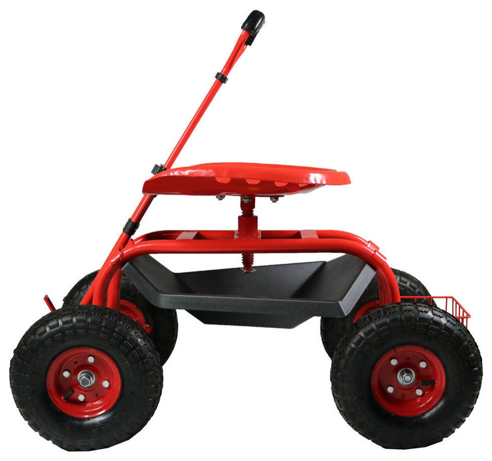 Sunnydaze Garden Cart With Extendable Steering Handle, Seat and Basket, Red