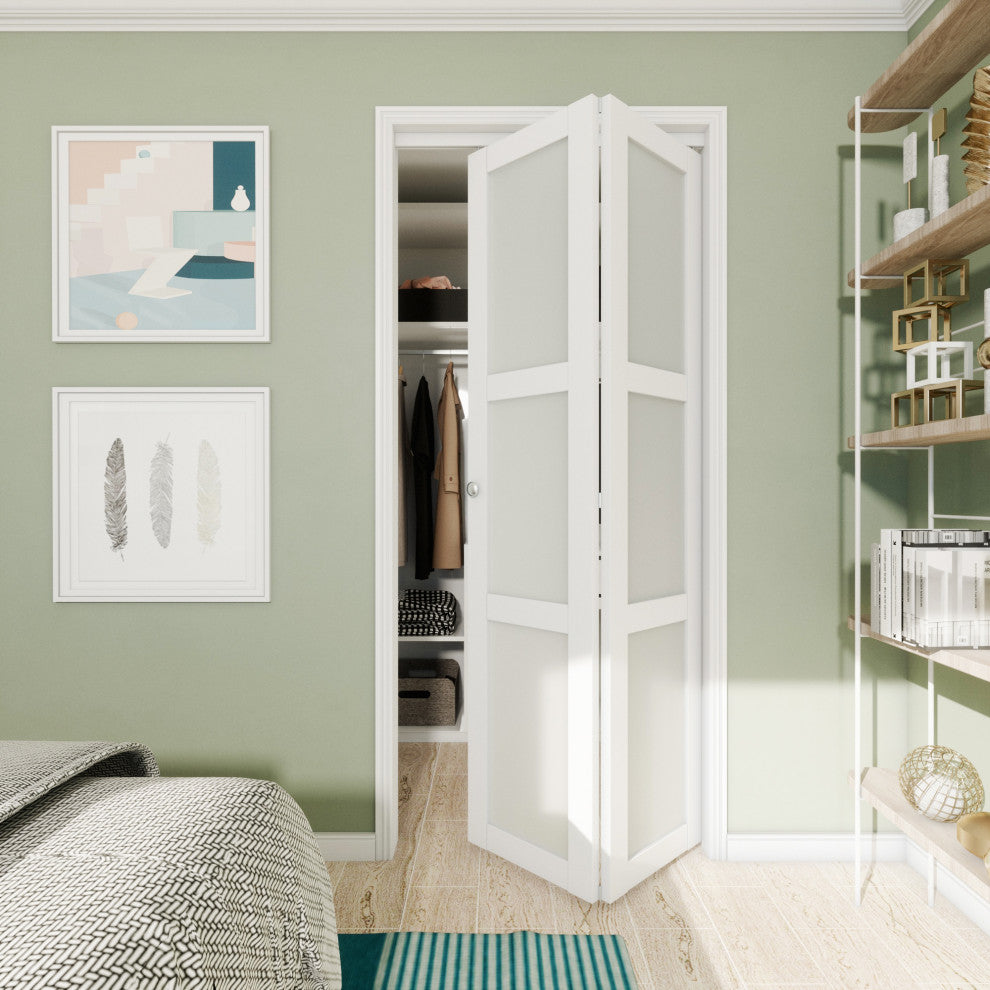3-lite Frosted Glass Bi-Fold Door with Installation Hardware Kit, 36"w X 78"h