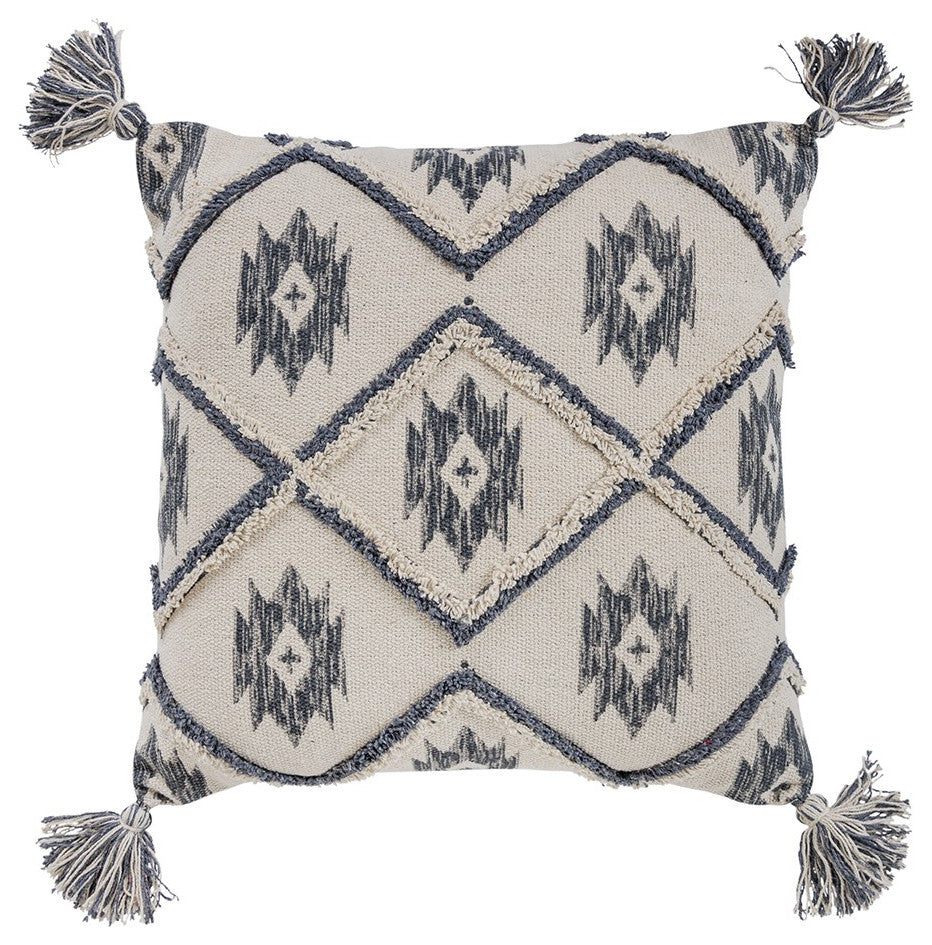 Gray Cream Tasseled Ikat Pattern Throw Pillow
