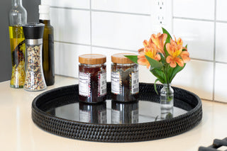 Artifacts Rattan™ Round Serving-Ottoman Tray with Glass Insert, Tudor Black, 19" Diameter