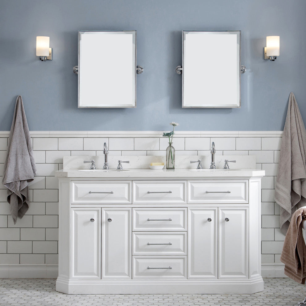 60" Palace Quartz Carrara Pure White Vanity With Hardware, Faucets, Mirror