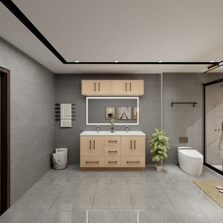 Victoria 60" Solid Wood Vanity Double Sink, Overhead Cabinet, Yellow Oak