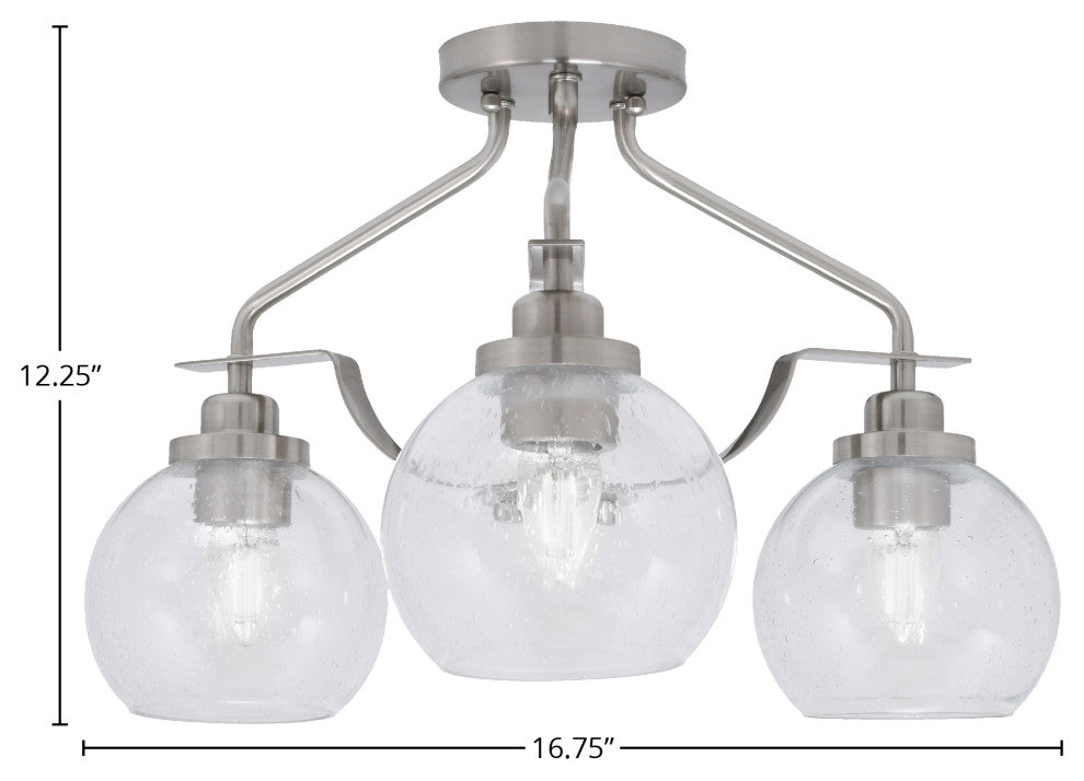 Odyssey 3 Light Semi Flush Mount, Brushed Nickel, 5.75" Clear Bubble Glass