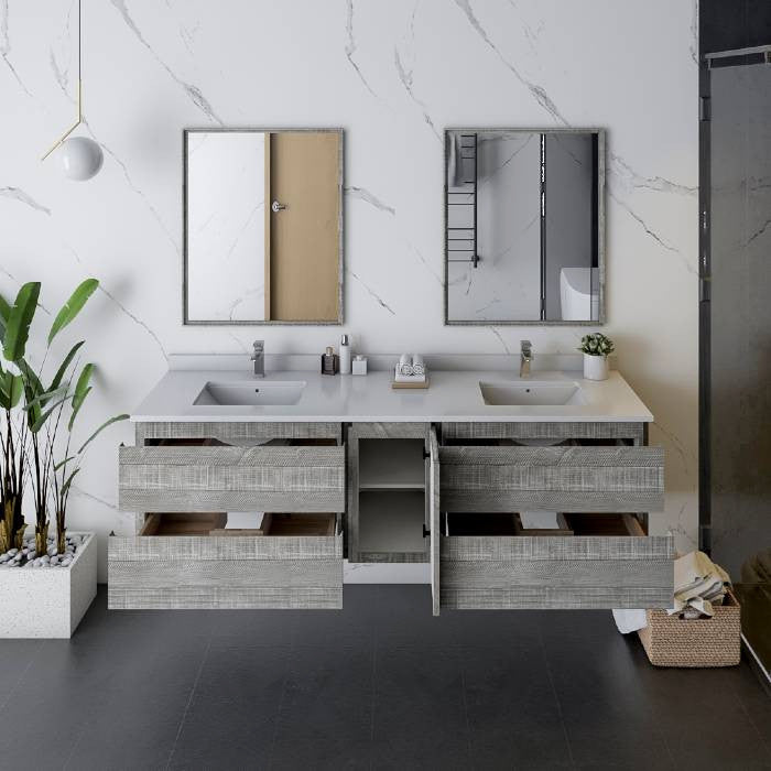 Fresca Formosa Modern 72" Ash Wall Mount Double Sink Vanity, Faucet Fft3071bn