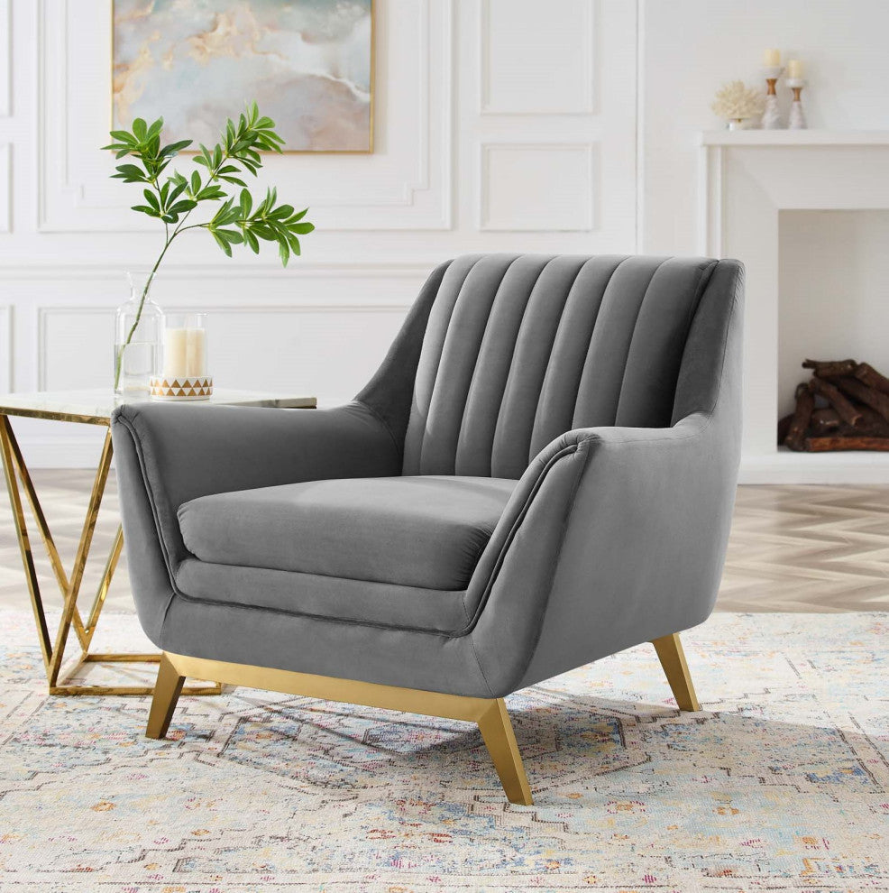 Tufted Armchair Accent Chair, Velvet, Gray, Modern, Lounge Hospitality