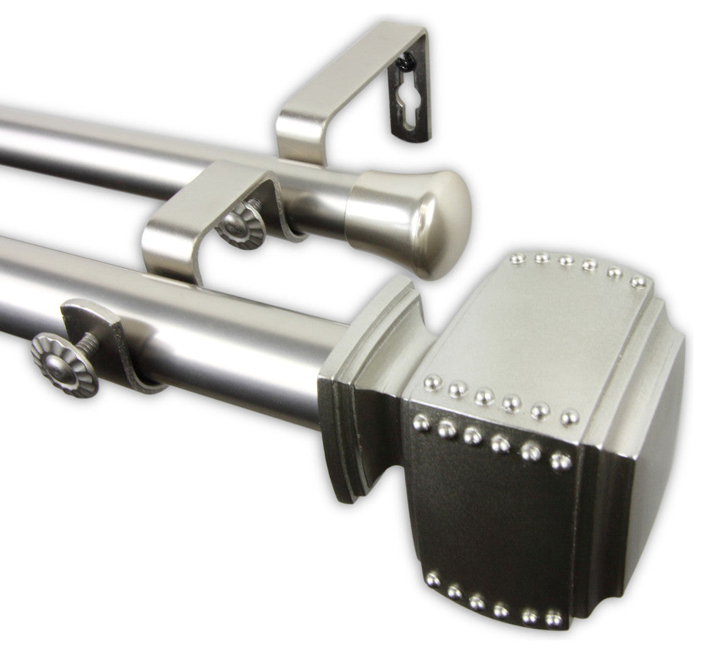 Studded 1" Double Curtain Rod, Black, Satin Nickel, 120"-170"