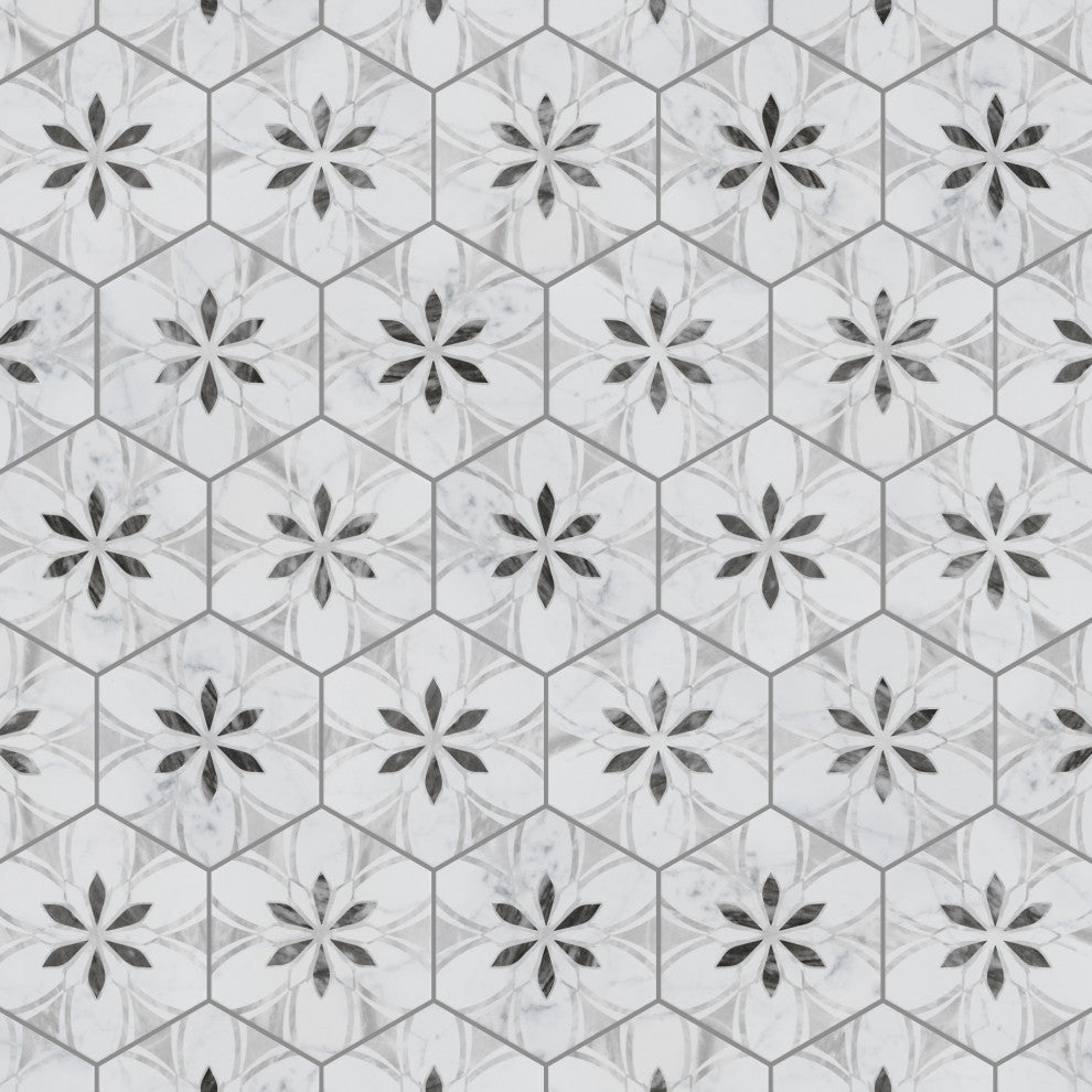 Classico Bardiglio Hex Dahlia Porcelain Floor and Wall Tile Sample, White