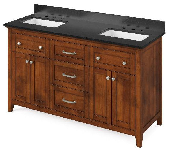Chatham Traditional 60" Chocolate Double Sink Vanity, Black Granite Vanity Top