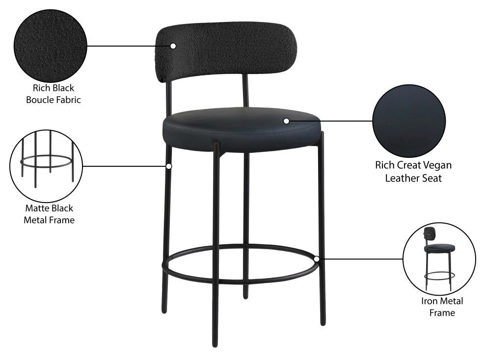 Beacon Upholstered Stool, Set of 2, Black, Matte Black Finish, Vegan Leather and Boucle Fabric