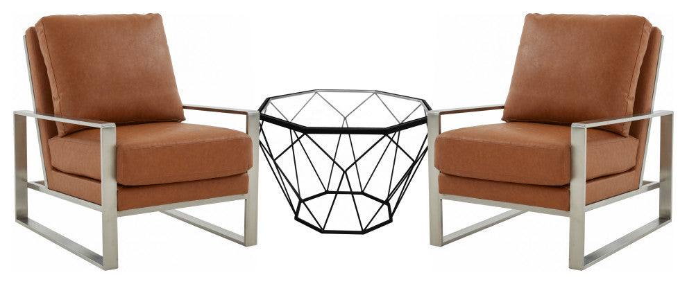 LeisureMod Jefferson Arm Chairs With Silver Frame and Coffee Table, Cognac Tan