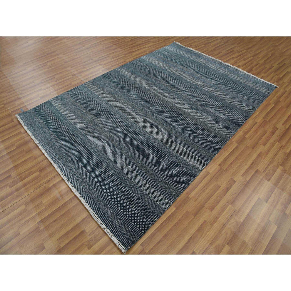 Yankees Blue, Wool and Silk Hand Knotted Grass Design Oriental Rug, 6'0"x9'0"