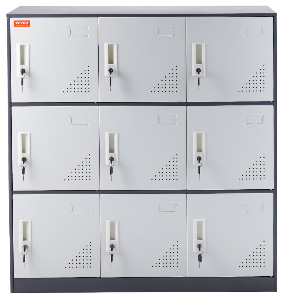 Metal Locker Cabinet 9 Compartment Steel Office School Gym Organize Storage, Gray