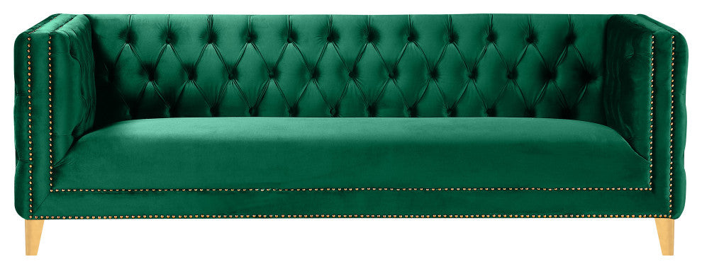 Michelle Fabric Upholstered Chair, Gold Iron Legs, Green, Velvet, Sofa