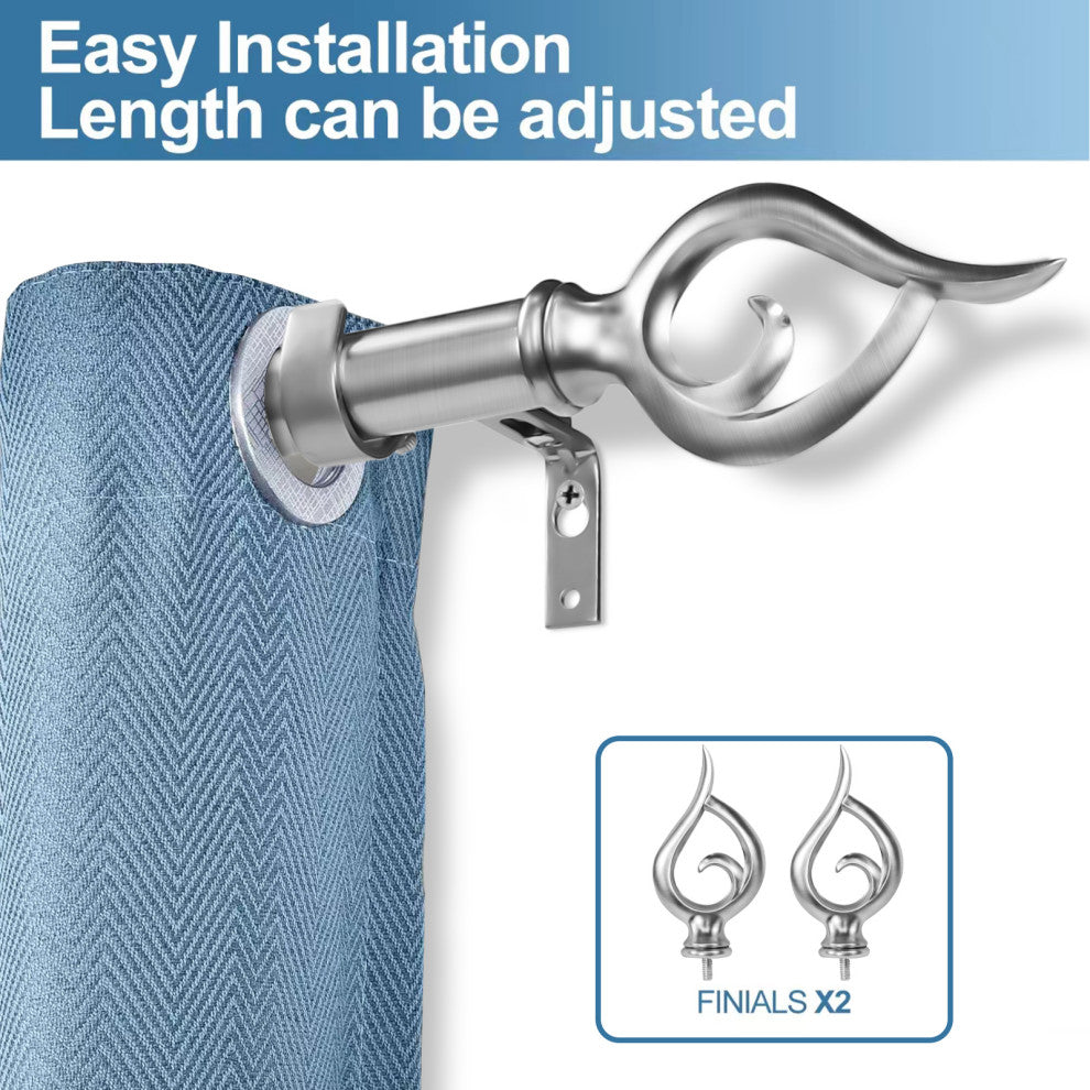 1" Flame Drapery Curtain Rod, Brushed Steel, 28"-48"