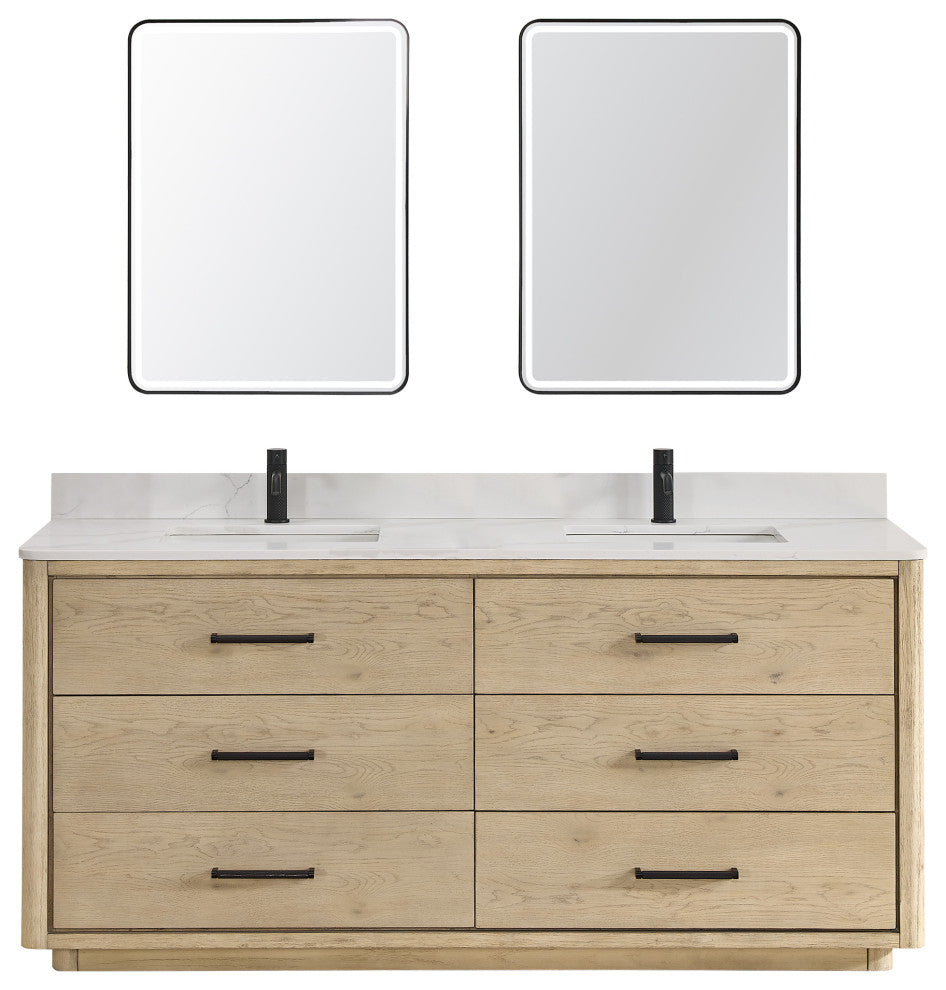 Porto Bath Vanity with White Quartz Stone Top, Natural Oak, 72 in., With Mirror