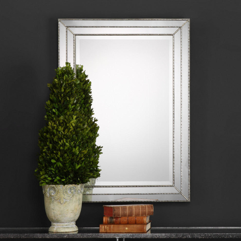 Metallic Silver Finish Featuring Grooved Texture And Mirror Inlays. Mirror