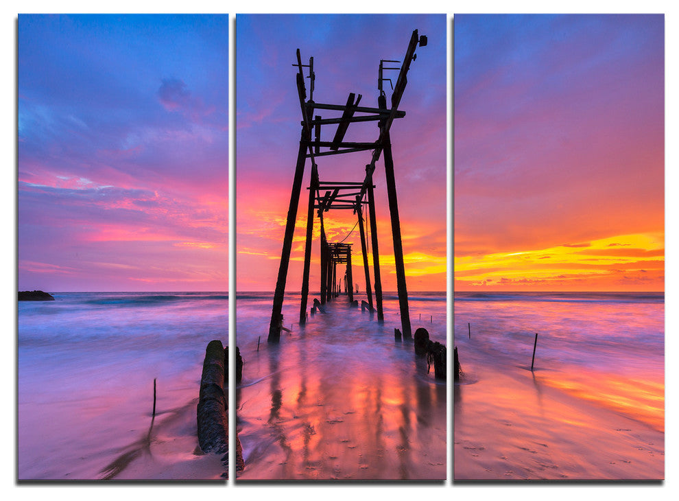 "Discarded Wooden Bridge at Sunset" Sea Pier Metal Wall Art, 3 Panels, 36"x28"