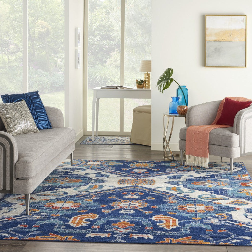 8' X 10' Blue And Ivory Floral Power Loom Area Rug