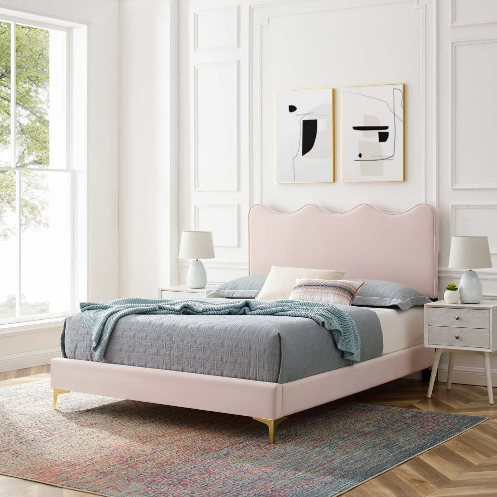 Current Performance Velvet Queen Platform Bed, Pink
