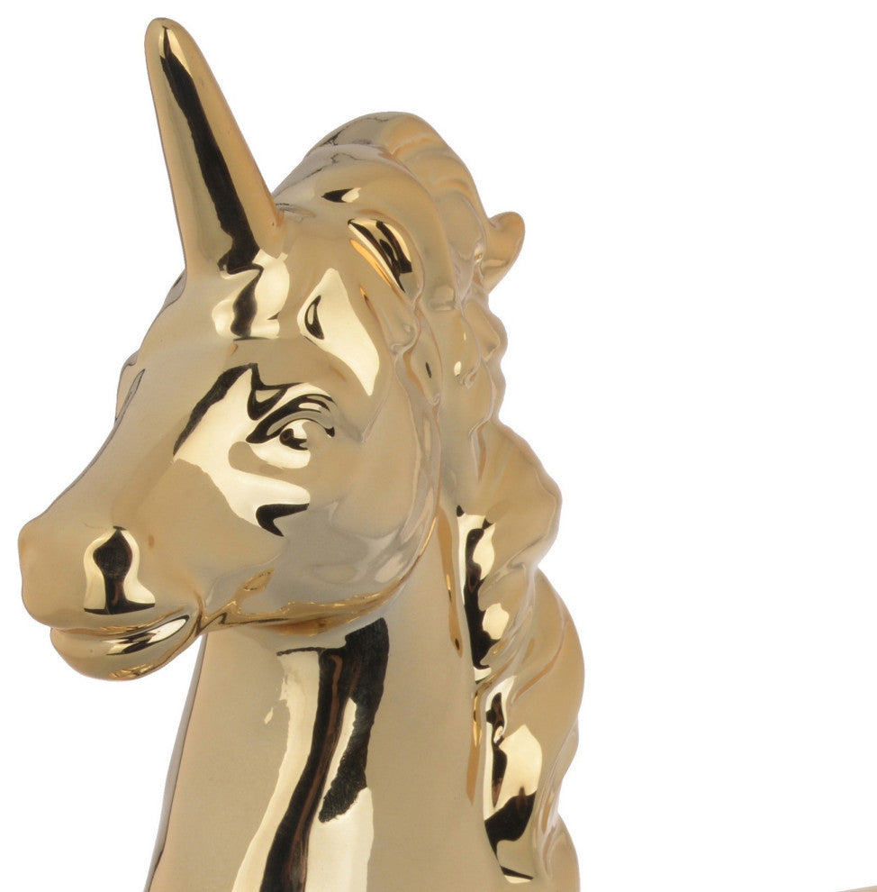 11 Inch Sitting Unicorn Figurine, Ceramic Statuette in Gold Metallic Finish