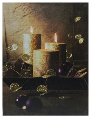 LED Lighted Shimmering Gold Glittered Candles Christmas Canvas Wall Art