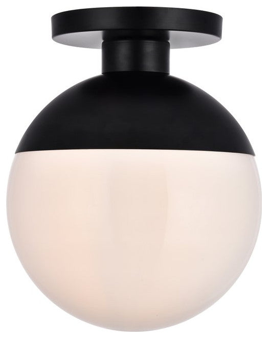 Midcentury Modern Black And Frosted White 1-Light <br>Flush Mount