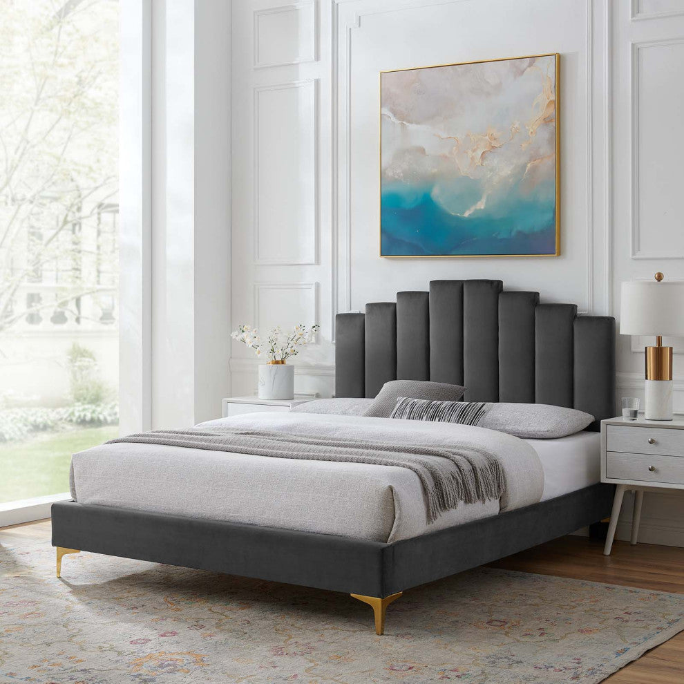 Platform Bed Frame, Full Size, Velvet, Dark Gray, Modern Contemporary