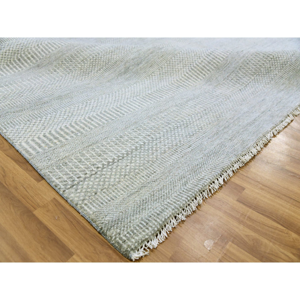 Olive Gray Grass Design Natural Undyed Wool Hand Knotted Square Rug 12'x12'4"