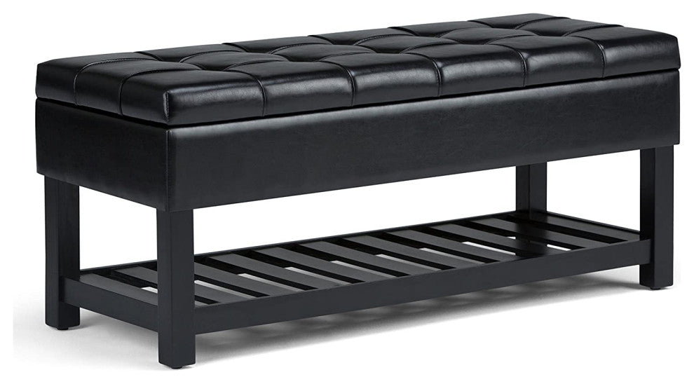 Traditional Storage Bench, Tufted Lid & Slatted Bottom Shelf, Solid Wo