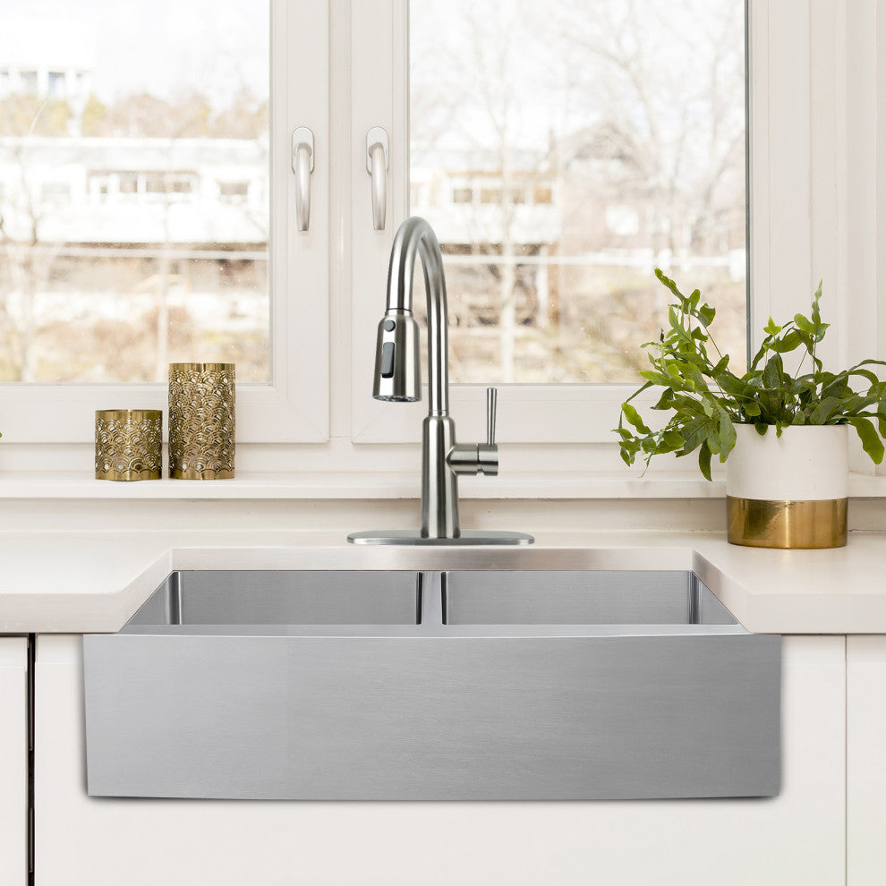 33" Farmhouse Double Bowl Kitchen Sink and Faucet, Drain and Strainer