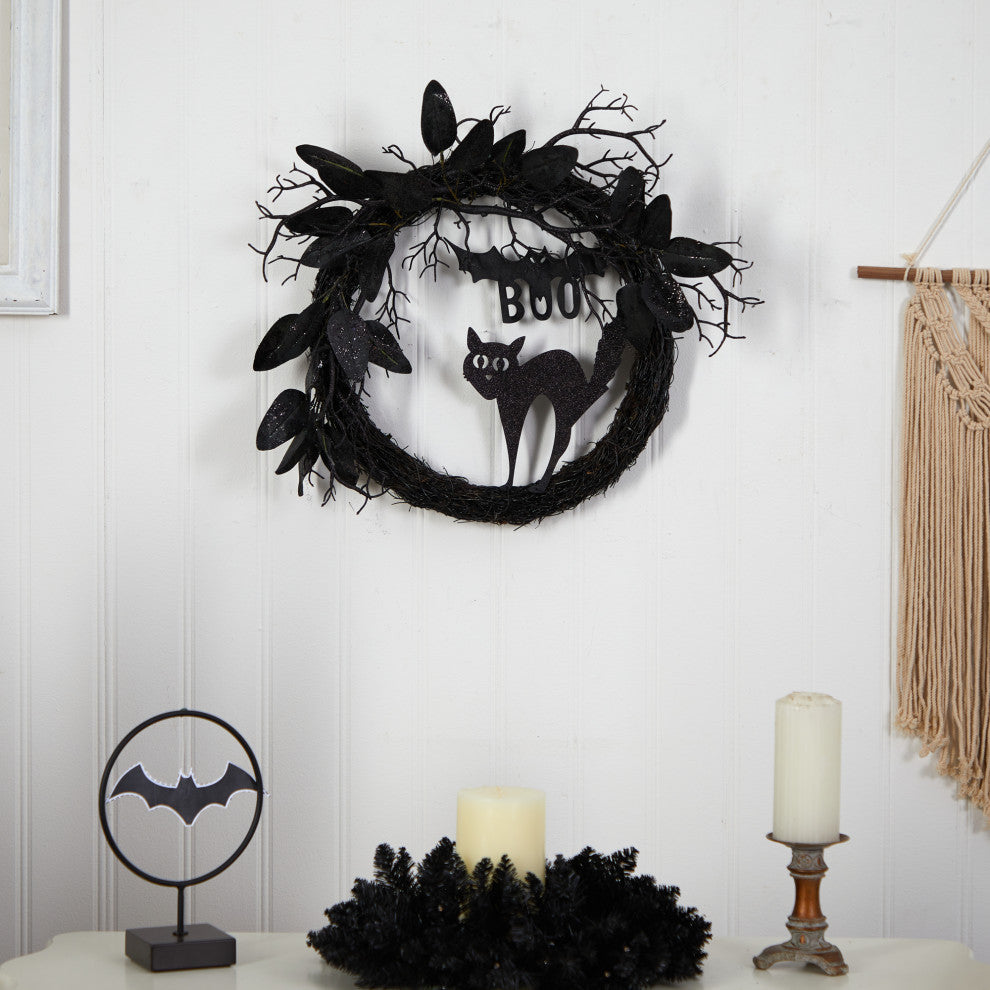 Nearly Natural W1207 22 Halloween Black Cat and Bat Boo Twig Wreath