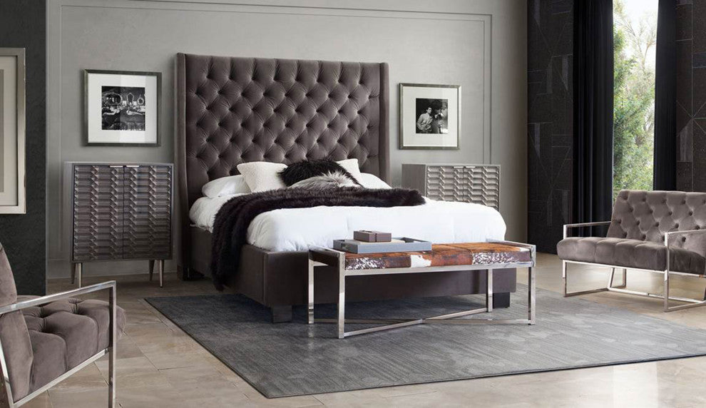 Eastern King Tufted Bed With Vintage Wing, Smoke Gray Velvet